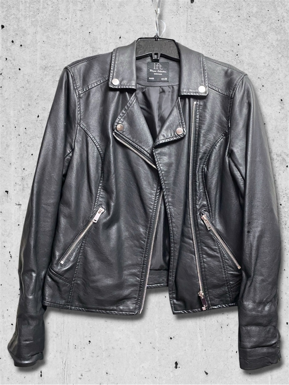 Black Faux Leather Moto Jacket with Asymmetrical Zip • Medium